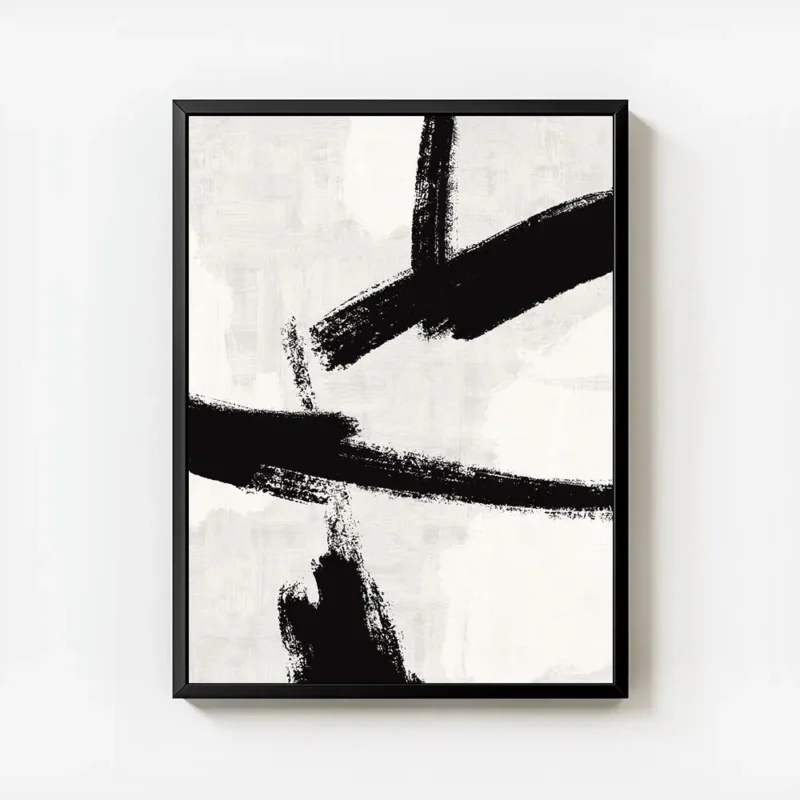 affiche abstraite avec des traits de pinceau noirs epais sur un fond gris clair avec cadre.webp