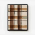 affiche abstraite avec un motif gingham des lignes beige marron et blanc et des avec cadre.webp