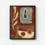 affiche abstraite avec un visage bleu et des formes vegetales sur fond rouge un avec cadre.webp