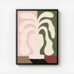 affiche abstraite avec une plante aux formes fluides dans un vase aux couleurs r avec cadre.webp