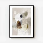 affiche abstraite beige avec des formes texturees marron bleues et des lignes fi avec cadre.webp