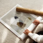 affiche abstraite beige avec des formes texturees marron bleues et des lignes fi enroule.webp