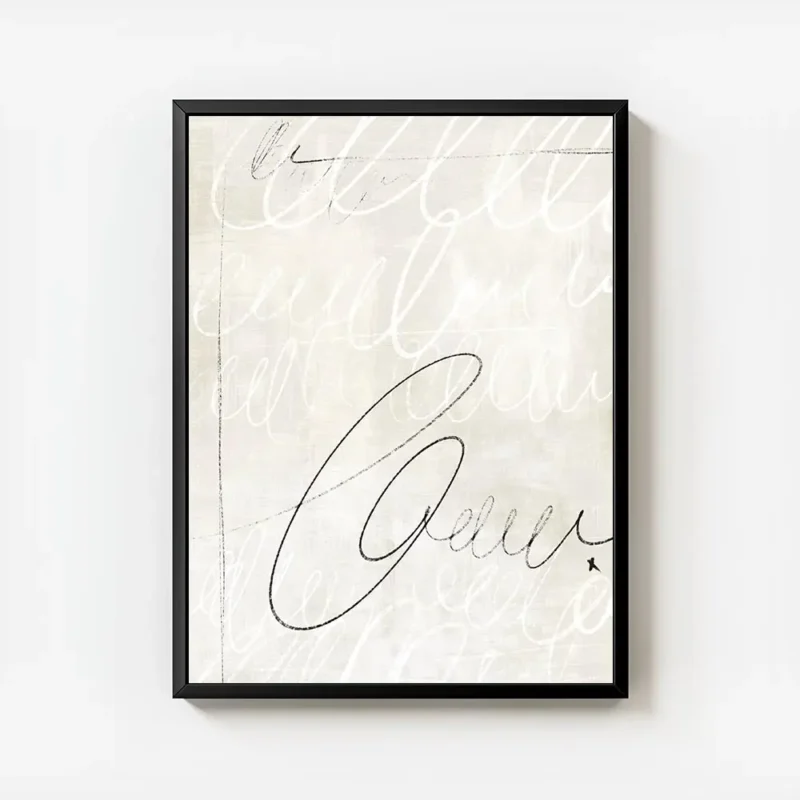affiche abstraite beige avec un texte artistique noir et blanc en typographie cu avec cadre.webp