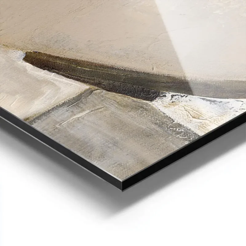 affiche abstraite beige et blanc avec une forme noire texturee et des lignes geo aluminium.webp