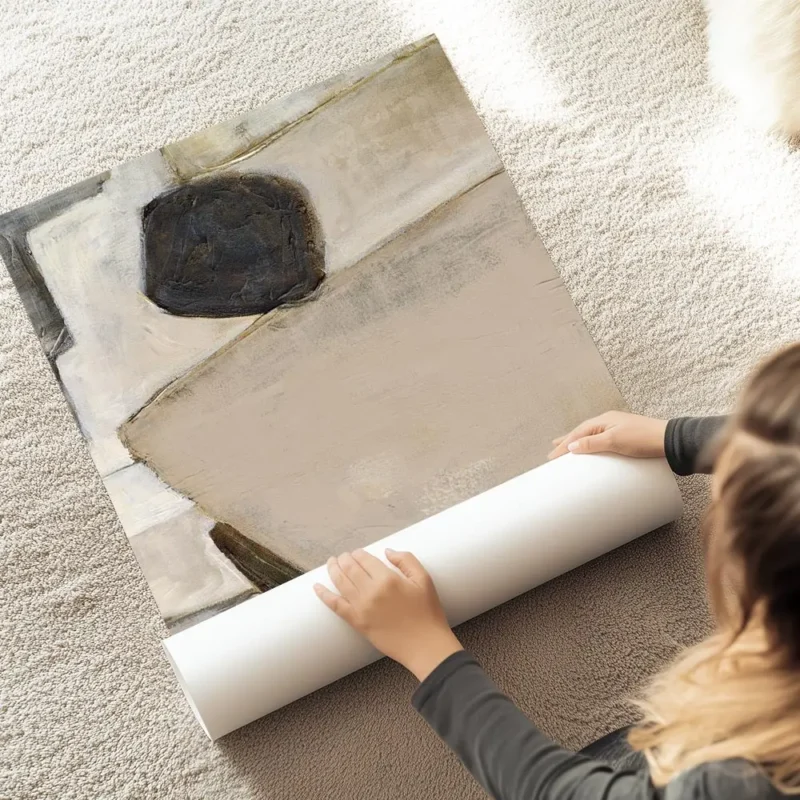 affiche abstraite beige et blanc avec une forme noire texturee et des lignes geo au sol.webp