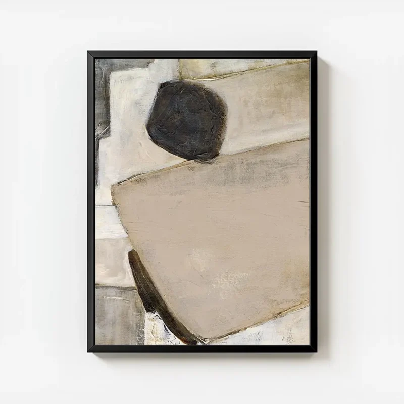 affiche abstraite beige et blanc avec une forme noire texturee et des lignes geo avec cadre.webp