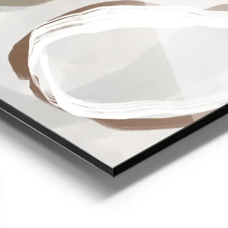 affiche abstraite beige et bleue presentant des formes organiques et des lignes aluminium.webp