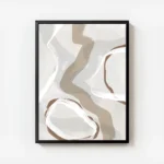 affiche abstraite beige et bleue presentant des formes organiques et des lignes avec cadre.webp