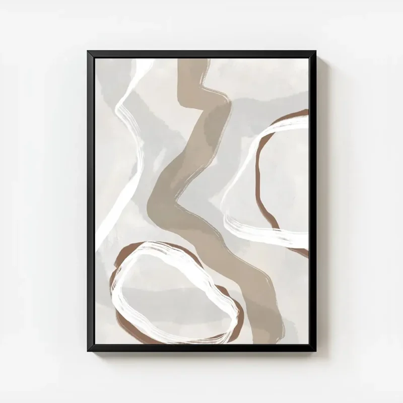 affiche abstraite beige et bleue presentant des formes organiques et des lignes avec cadre.webp