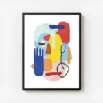 affiche abstraite coloree avec des formes des yeux et une main bleue sur fond bl avec cadre.webp