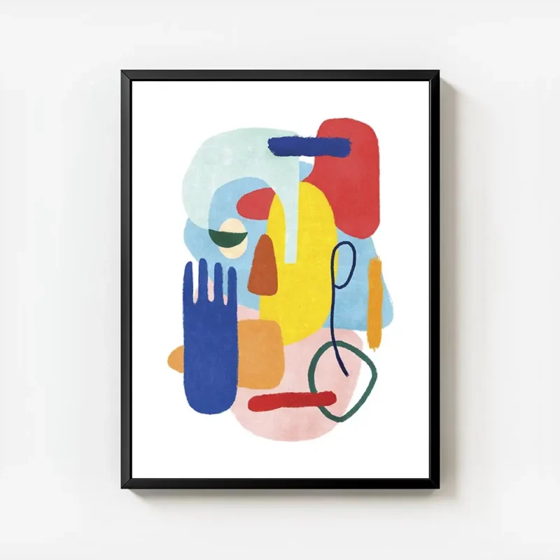 affiche abstraite coloree avec des formes des yeux et une main bleue sur fond bl avec cadre.webp