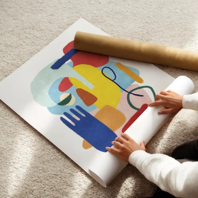 affiche abstraite coloree avec des formes des yeux et une main bleue sur fond bl enroule.webp