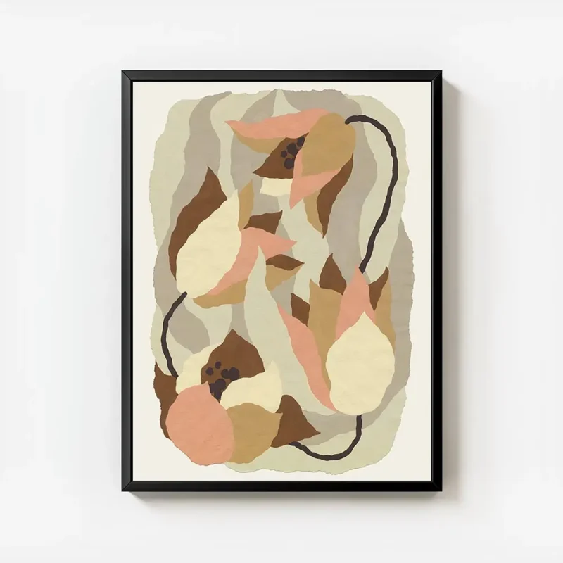 affiche abstraite de fleurs aux formes organiques tons pastel de rose beige et m avec cadre.webp