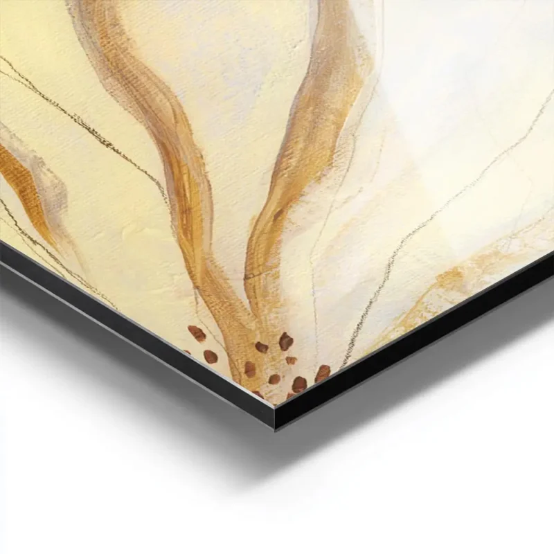 affiche abstraite de fleurs jaunes et blanches aux contours dores et marron sur aluminium.webp