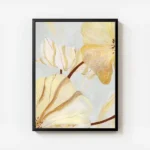 affiche abstraite de fleurs jaunes et blanches aux contours dores et marron sur avec cadre.webp