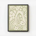 affiche abstraite de jardin vert avec des fleurs et des feuilles de couleur ecru avec cadre.webp