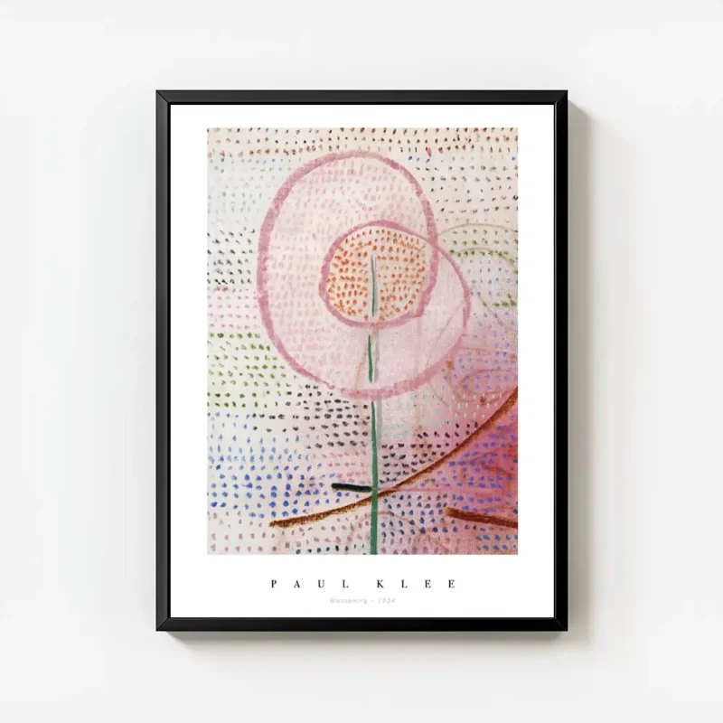 affiche abstraite de paul klee fleur rose stylisee sur fond de points colores avec cadre.webp
