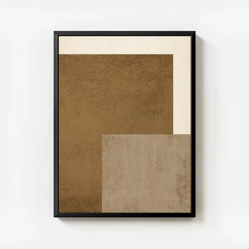 affiche abstraite de textures en cuir marron toile beige et fond couleur creme avec cadre.webp