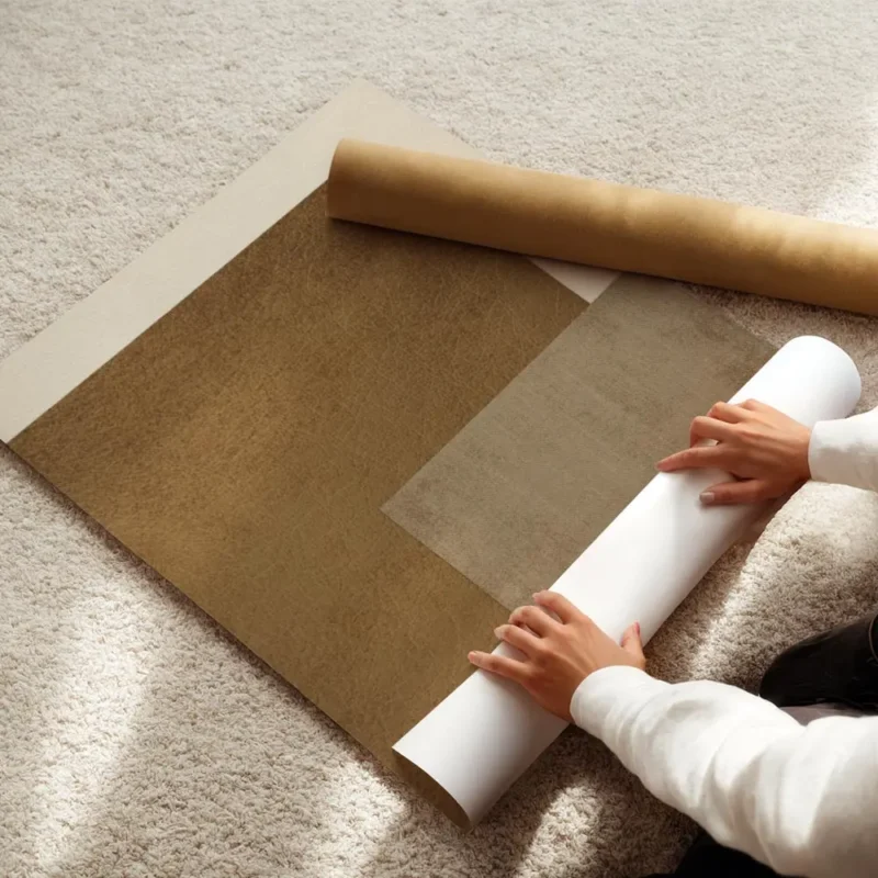 affiche abstraite de textures en cuir marron toile beige et fond couleur creme enroule.webp
