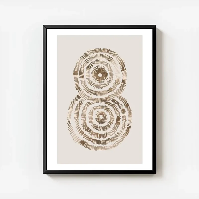 affiche abstraite deco avec deux formes circulaires superposees de couleur marro avec cadre.webp