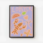 affiche abstraite dun homard orange avec des fruits et du typographie sur fond l avec cadre.webp