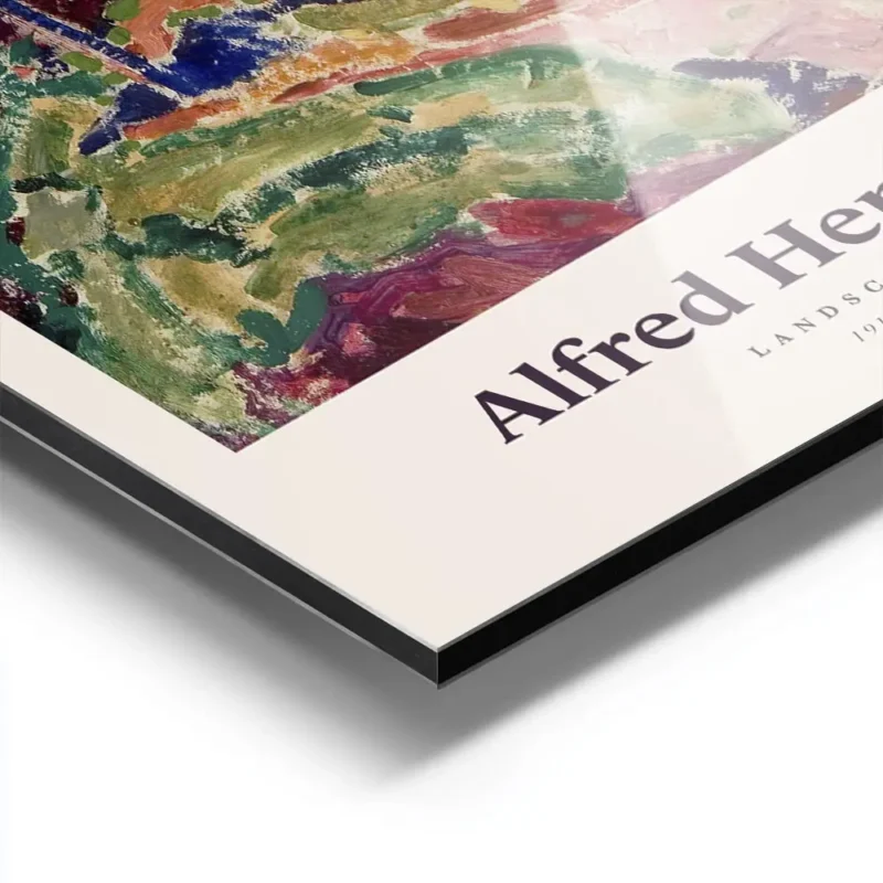 affiche abstraite dun paysage avec une maison des arbres et des couleurs vives aluminium.webp