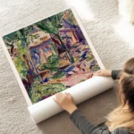 affiche abstraite dun paysage avec une maison des arbres et des couleurs vives au sol.webp