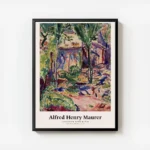 affiche abstraite dun paysage avec une maison des arbres et des couleurs vives avec cadre.webp