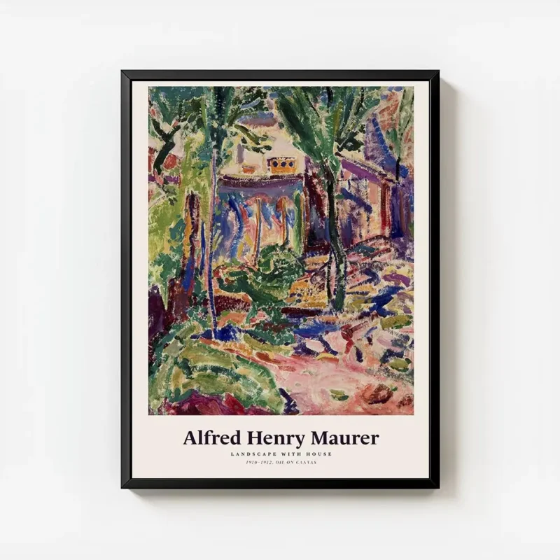 affiche abstraite dun paysage avec une maison des arbres et des couleurs vives avec cadre.webp
