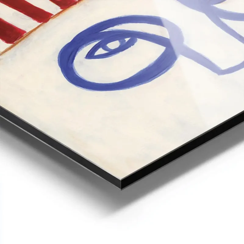 affiche abstraite dun visage bleu minimaliste avec un chapeau a rayures rouges e aluminium.webp