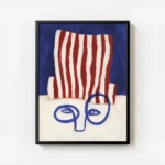 affiche abstraite dun visage bleu minimaliste avec un chapeau a rayures rouges e avec cadre.webp