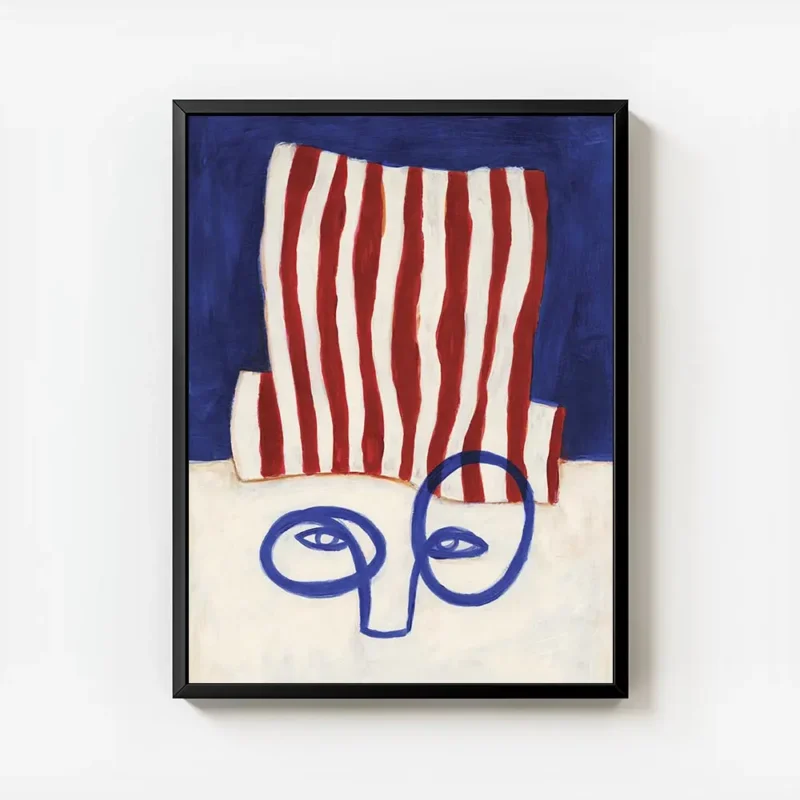 affiche abstraite dun visage bleu minimaliste avec un chapeau a rayures rouges e avec cadre.webp