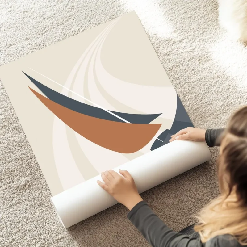 affiche abstraite dun voilier orange et bleu marine sur locean avec des lignes d au sol.webp
