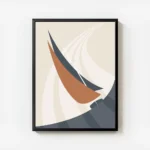 affiche abstraite dun voilier orange et bleu marine sur locean avec des lignes d avec cadre.webp