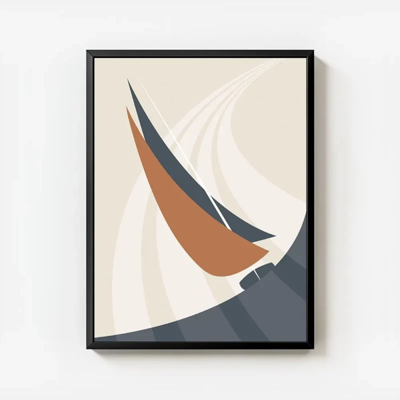 affiche abstraite dun voilier orange et bleu marine sur locean avec des lignes d avec cadre.webp