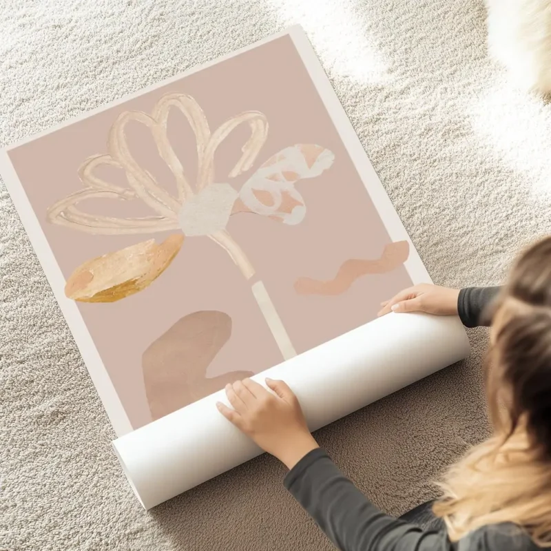 affiche abstraite dune fleur rose aux petales textures et formes organiques sur au sol.webp