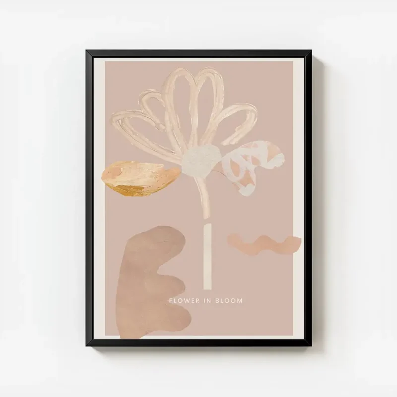 affiche abstraite dune fleur rose aux petales textures et formes organiques sur avec cadre.webp