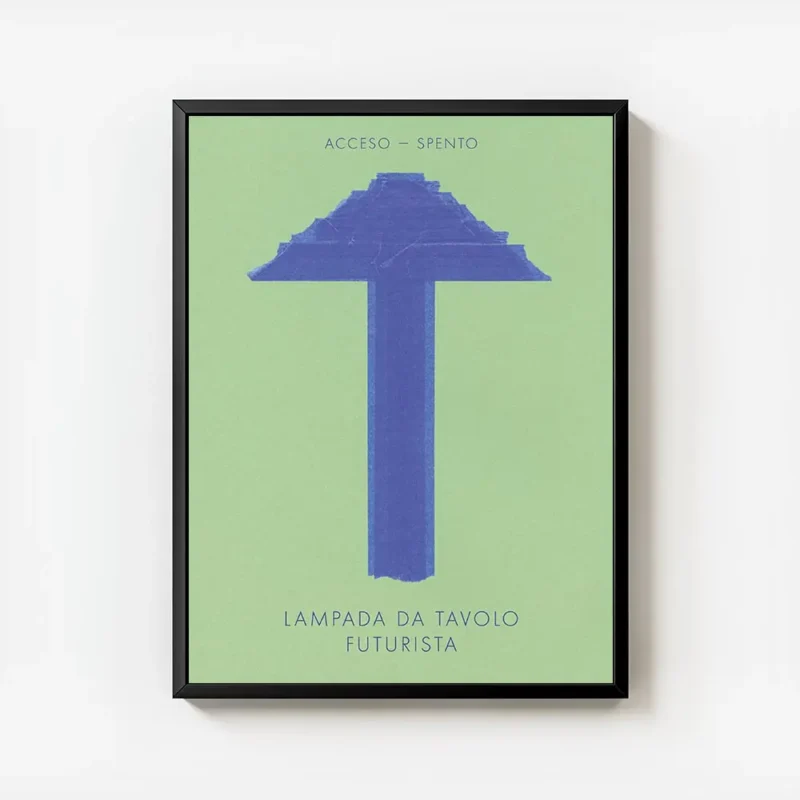 affiche abstraite dune lampe de table futuriste bleue sur fond vert style dani k avec cadre.webp