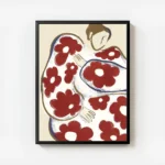 affiche abstraite dune personne aux formes arrondies et aux motifs de fleurs rou avec cadre.webp