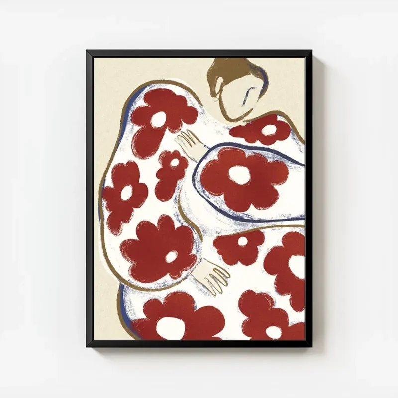 affiche abstraite dune personne aux formes arrondies et aux motifs de fleurs rou avec cadre.webp