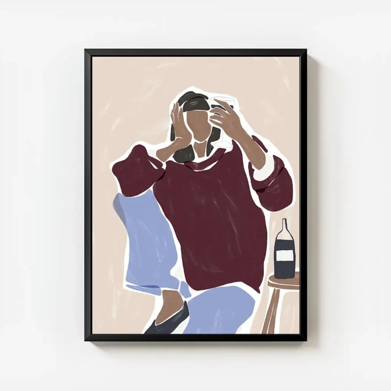 affiche abstraite dune personne tenant un verre de vin assise pres dune bouteill avec cadre.webp