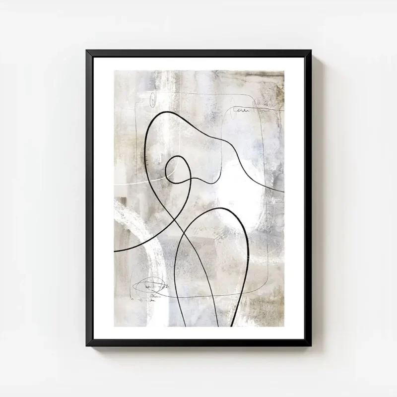 affiche abstraite gris beige avec des lignes noires et blanches evoquant une fig avec cadre.webp