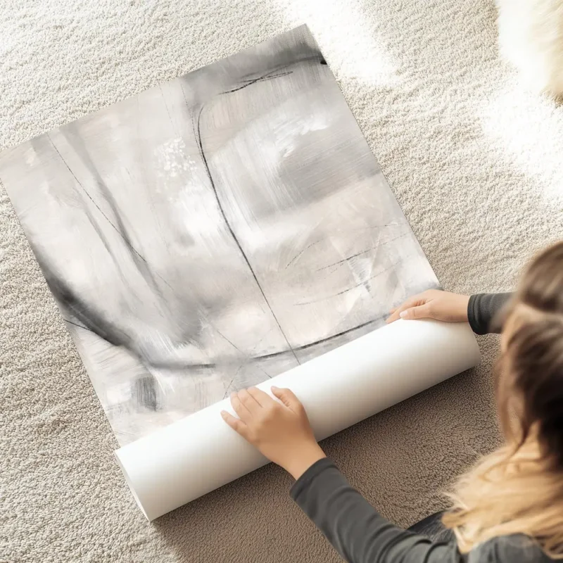 affiche abstraite gris blanc avec des coups de pinceau visibles et des lignes no au sol.webp