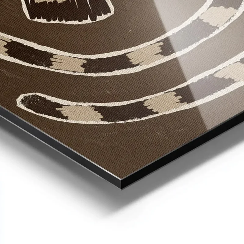 affiche abstraite marron avec un motif floral stylise et une spirale rayee beige aluminium.webp