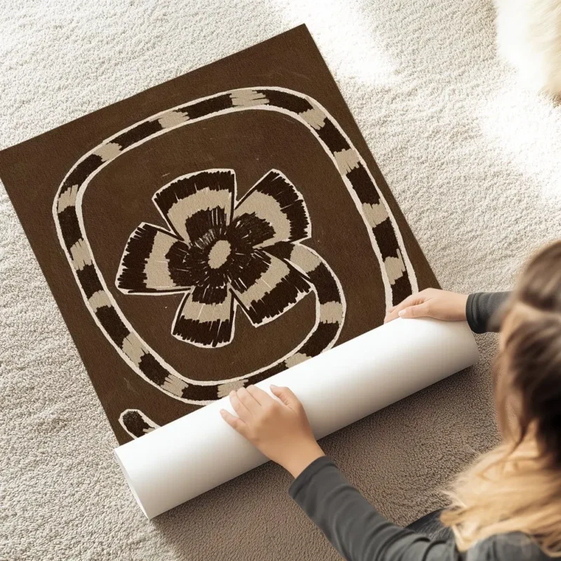affiche abstraite marron avec un motif floral stylise et une spirale rayee beige au sol.webp