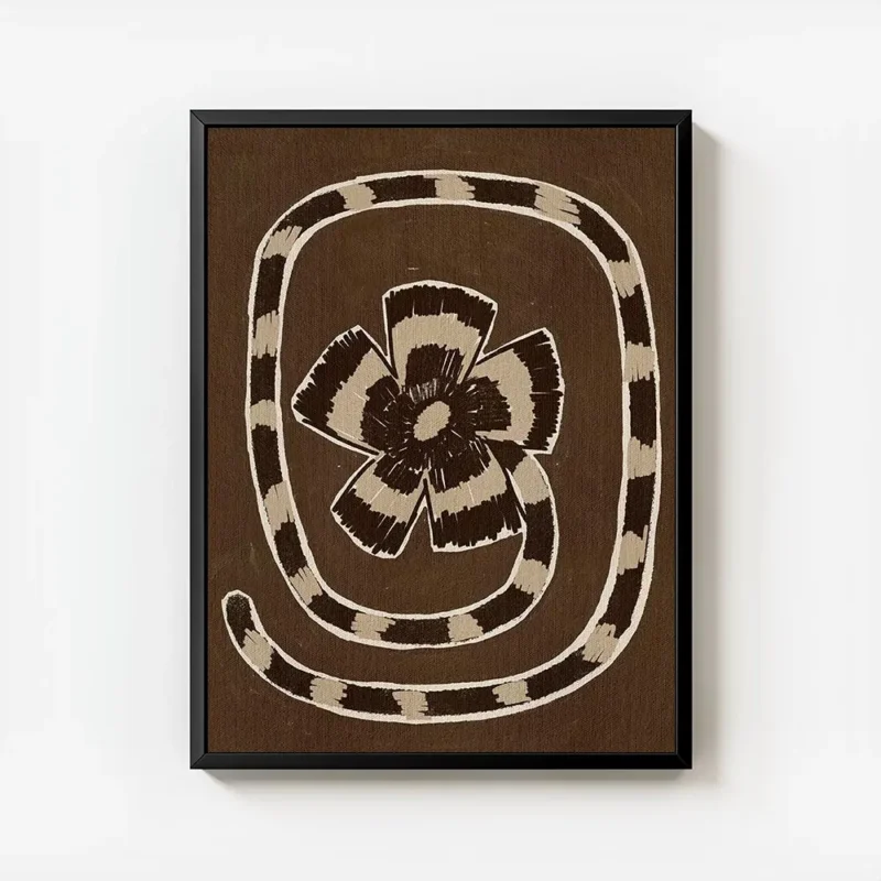 affiche abstraite marron avec un motif floral stylise et une spirale rayee beige avec cadre.webp