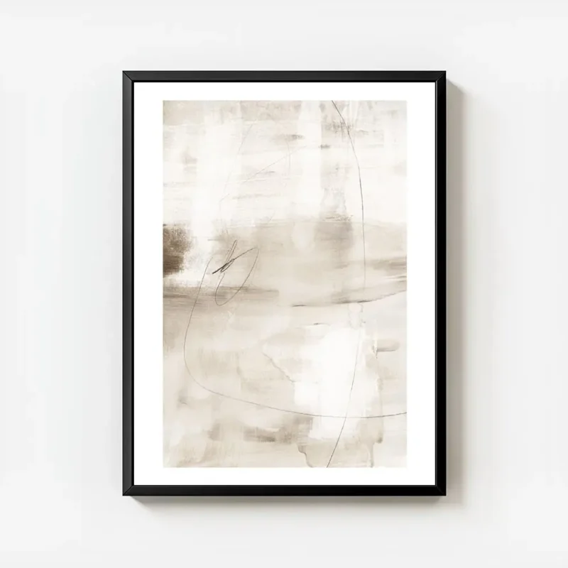 affiche abstraite minimaliste aux tons beiges et bruns avec des lignes de crayon avec cadre.webp