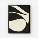 affiche abstraite minimaliste avec des formes courbes beiges sur fond noir textu avec cadre.webp