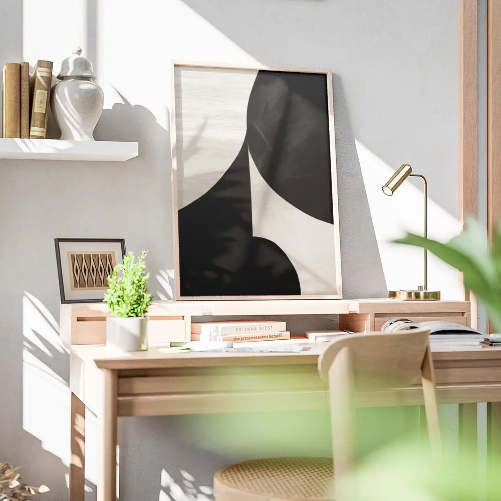 affiche abstraite minimaliste avec des formes graphiques organiques en noir et b bureau.webp