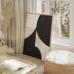 affiche abstraite minimaliste avec des formes graphiques organiques en noir et b salon beige.webp